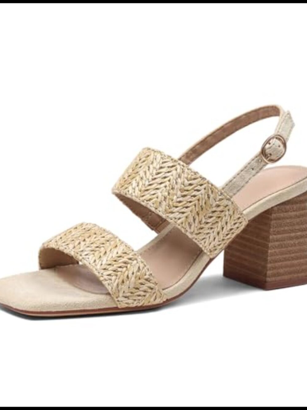 Raffia Block Heel Sandals Square Open Toe Ankle Strap 3 Inch Heels